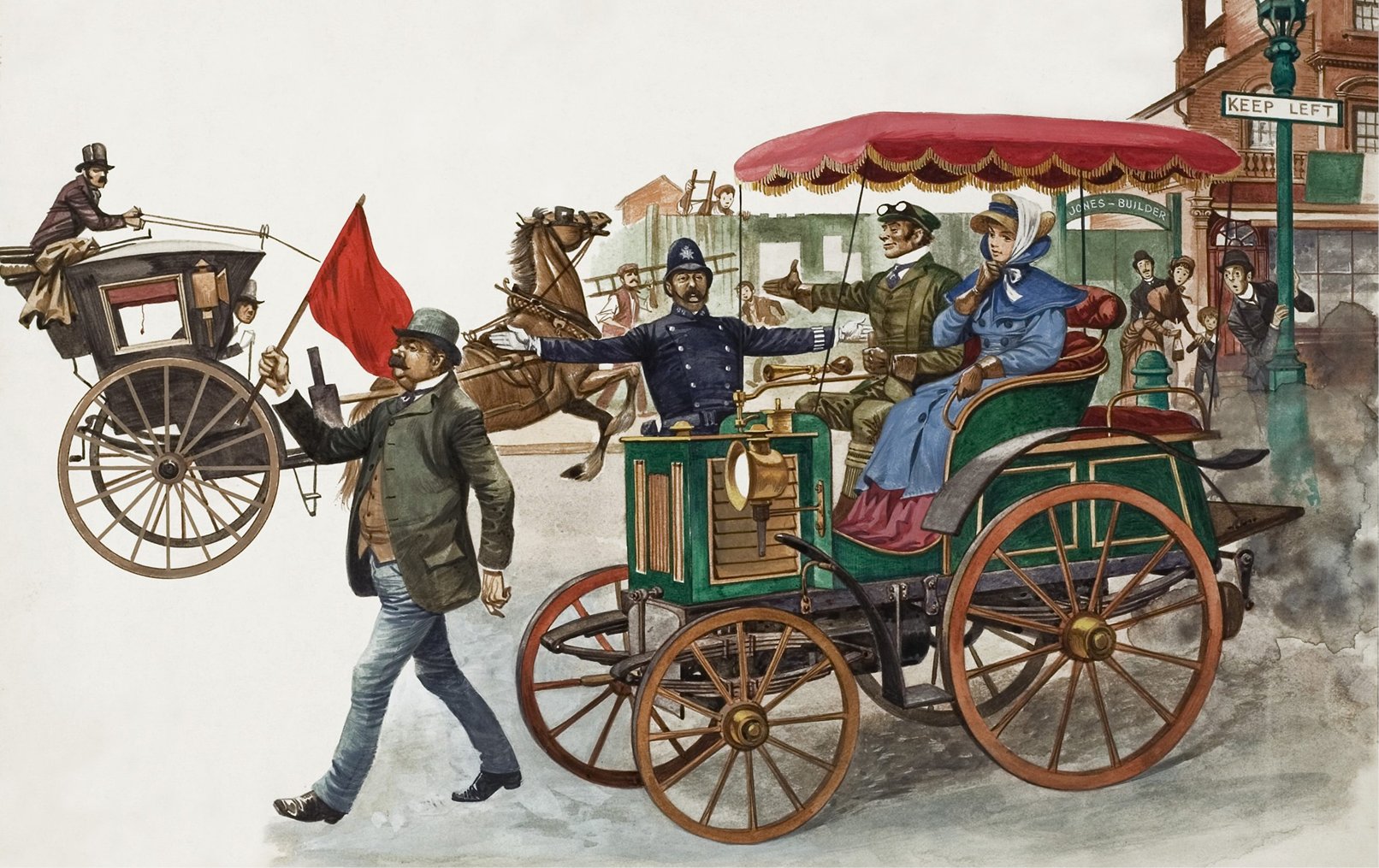 1865年英国红旗法案：汽车前必须有人步行举旗